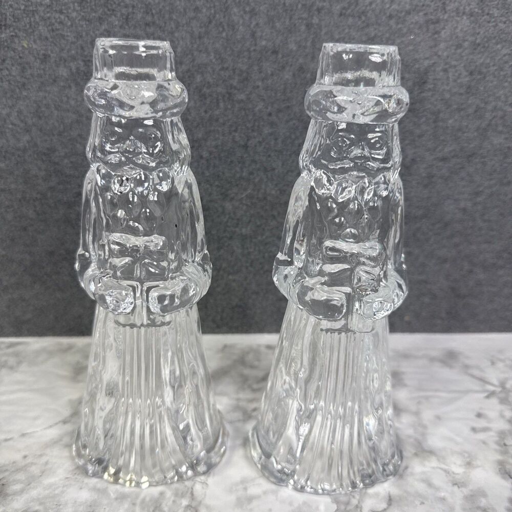 Great Santa Claus Molded Candle Holder 8" Clear Glass Heavy.  (2)